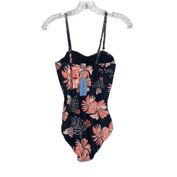 Yonique One-Piece Swimsuit Adjustable Straps Floral Black Coral Size XS New - Picture 2 of 8